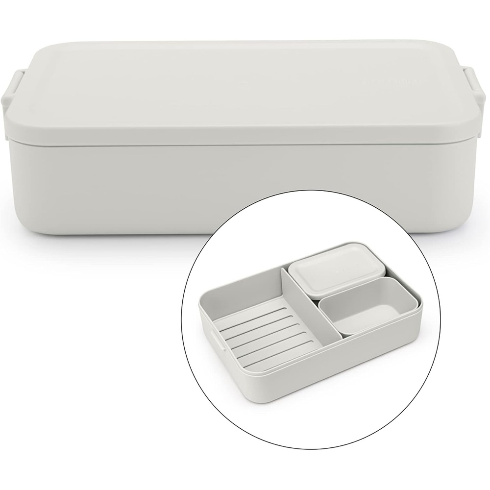 image:imageBrabantia Make amp Take Bento Lunch Box Light Gray 2 Compartments amp Lidded Pot LiftOut Tray Divider BPAFree Airtight Snap Locks Microwave amp Freezer Safe Travel Meal Prep Container 68ozLight Gray