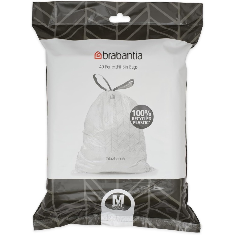 image:imageBrabantia PerfectFit Trash Bags Size R95 Gal Thick Plastic Trash Can Liners with Drawstring Handles 120 BagsWhite  Code M