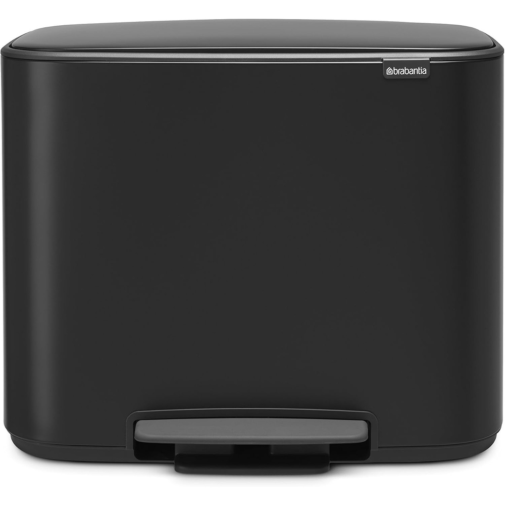 image:imageBrabantia Bo StepOn Kitchen Trash Can with Single Compartment  White  95 Gal Inner Bucket  SoftClose Garbage Can Light Pedal Operation StayOpen Lid  Fits Against Wall   Trash BagsMatt Black
